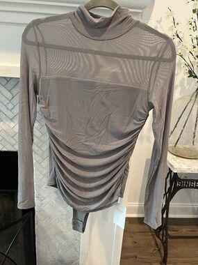 ReoRia Sheer Panel Ruched Turtleneck Bodysuit - Grey
